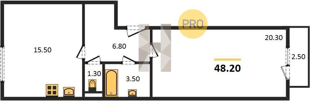 Однокомнатная квартира 48.2 м²