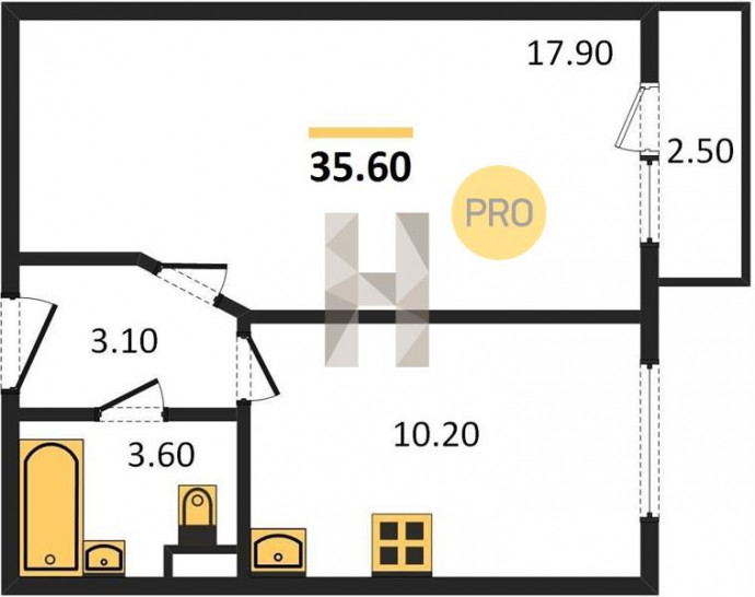 Однокомнатная квартира 35.6 м²
