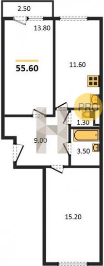 Двухкомнатная квартира 55.6 м²