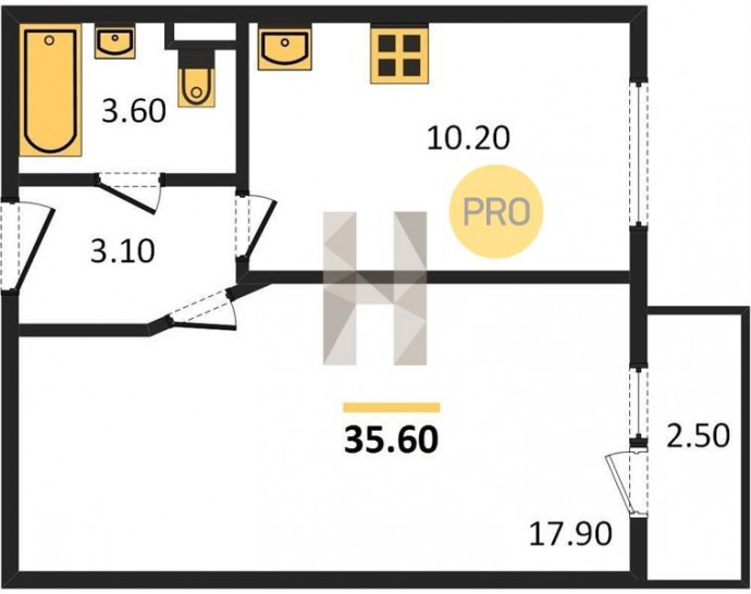 Однокомнатная квартира 35.6 м²