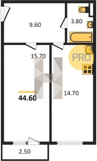 Однокомнатная квартира 44.6 м²