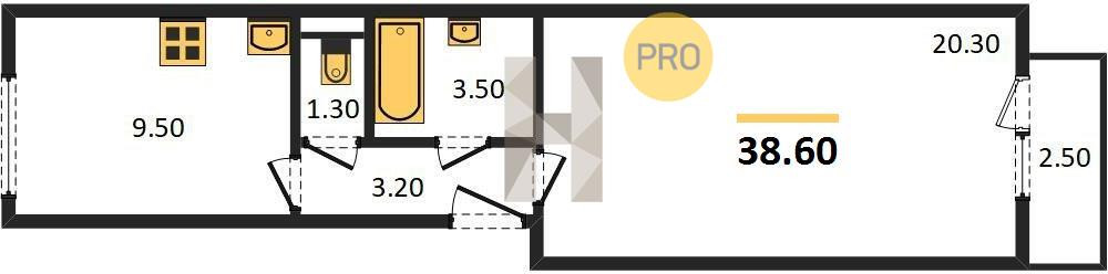 Однокомнатная квартира 38.6 м²