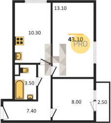 Двухкомнатная квартира 43.1 м²