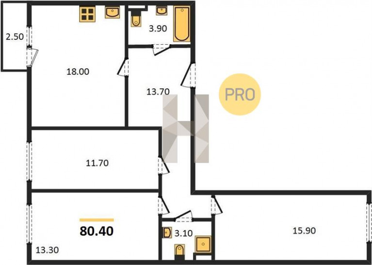 Трёхкомнатная квартира 80.4 м²