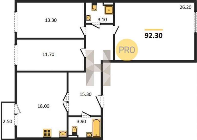 Трёхкомнатная квартира 92.3 м²