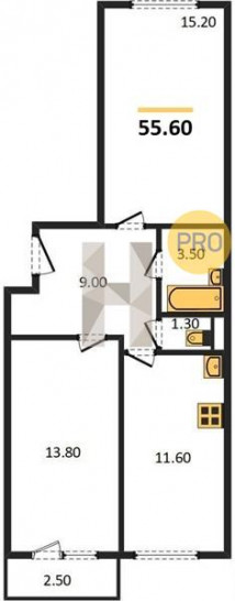 Двухкомнатная квартира 55.6 м²
