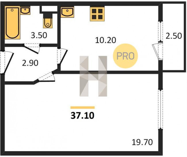 Однокомнатная квартира 37.1 м²