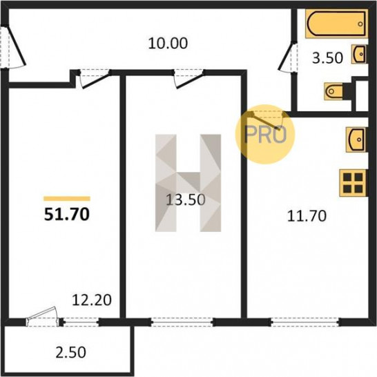Двухкомнатная квартира 51.7 м²