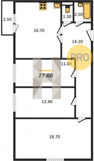 Трёхкомнатная квартира 77.6 м²