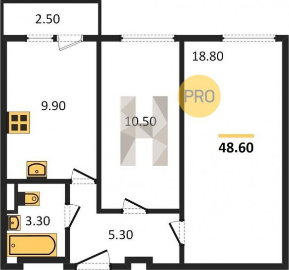 Двухкомнатная квартира 48.6 м²