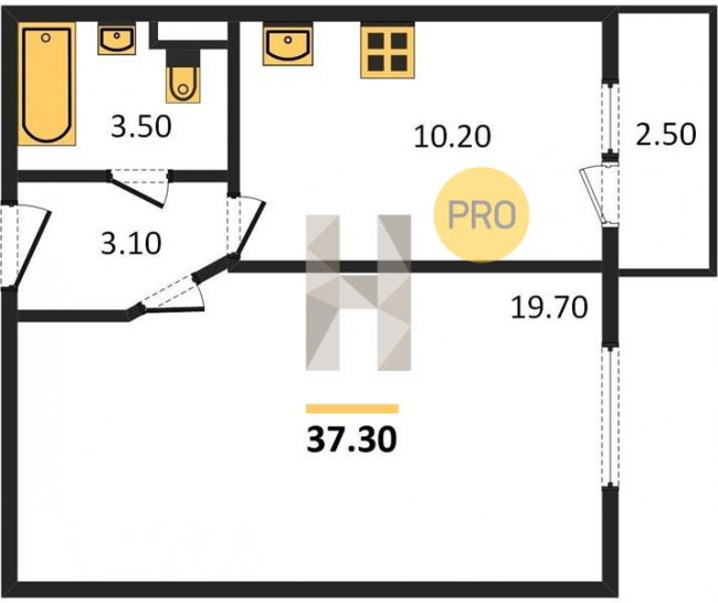 Однокомнатная квартира 37.3 м²