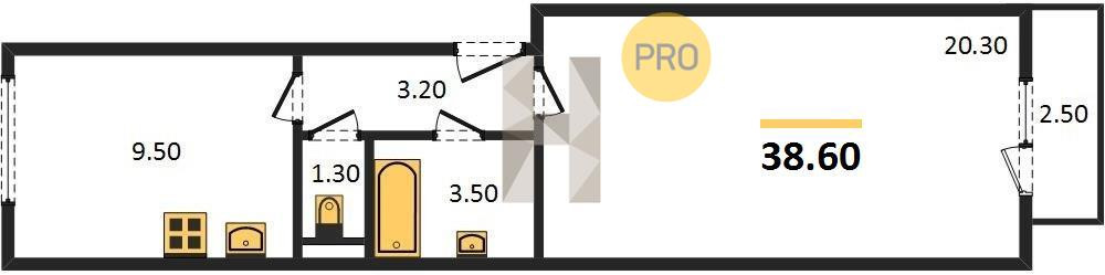 Однокомнатная квартира 38.6 м²