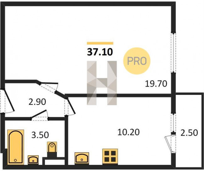 Однокомнатная квартира 37.1 м²