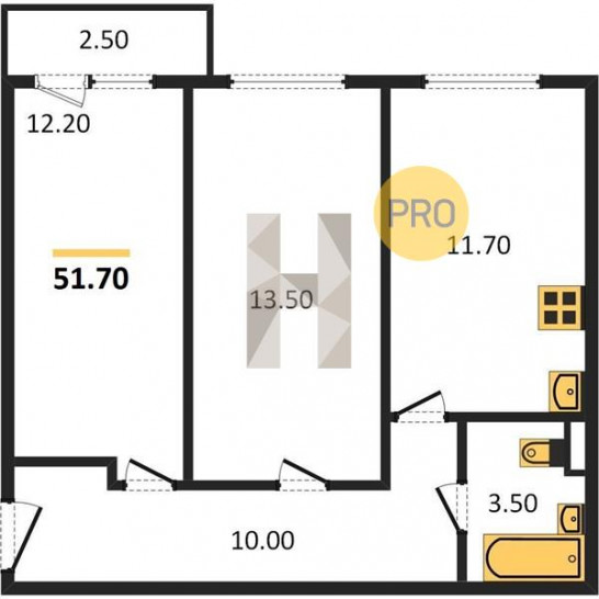 Двухкомнатная квартира 51.7 м²
