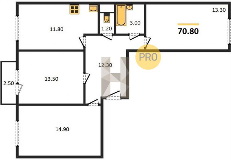 Трёхкомнатная квартира 70.8 м²