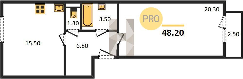 Однокомнатная квартира 48.2 м²