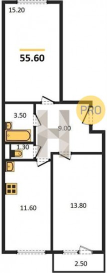 Двухкомнатная квартира 55.6 м²