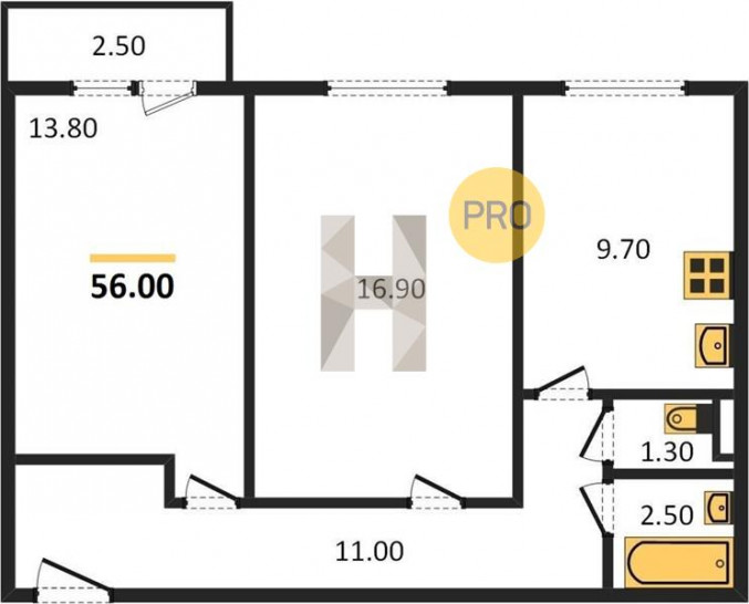 Двухкомнатная квартира 56 м²