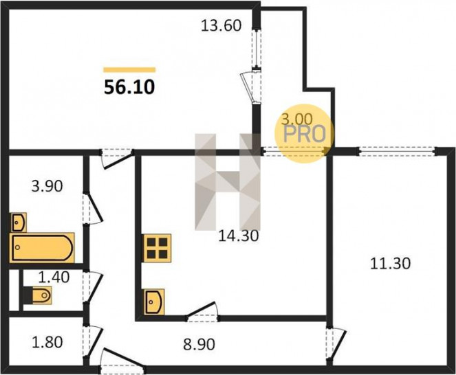 Двухкомнатная квартира 56.1 м²