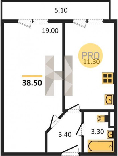 Однокомнатная квартира 38.5 м²