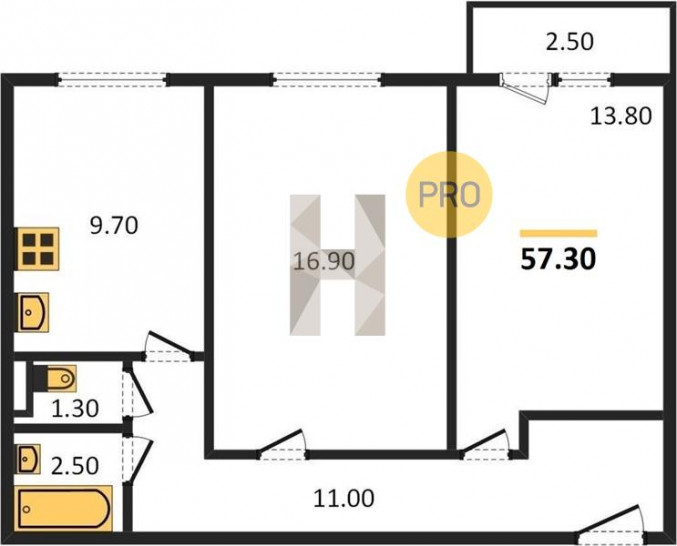 Двухкомнатная квартира 57.3 м²
