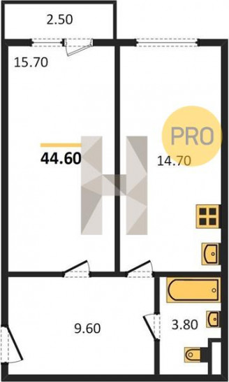 Однокомнатная квартира 44.6 м²