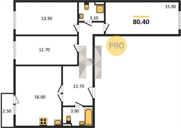 Трёхкомнатная квартира 80.4 м²