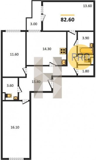 Трёхкомнатная квартира 82.6 м²