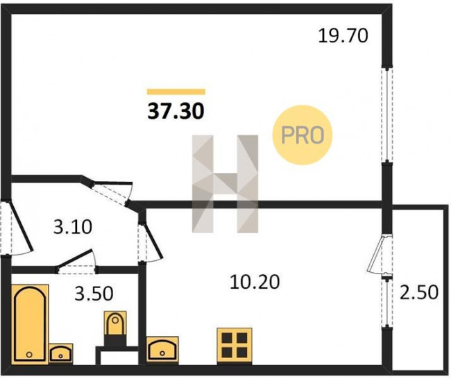 Однокомнатная квартира 37.3 м²