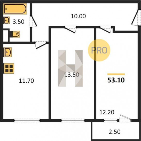 Двухкомнатная квартира 53.1 м²