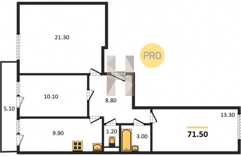 Трёхкомнатная квартира 71.5 м²
