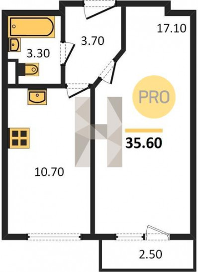 Однокомнатная квартира 35.6 м²