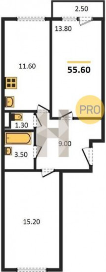Двухкомнатная квартира 55.6 м²