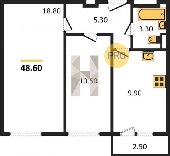Двухкомнатная квартира 48.6 м²