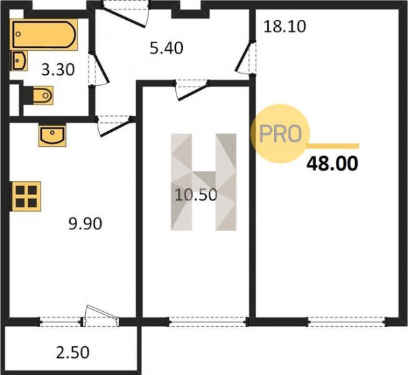 Двухкомнатная квартира 48 м²