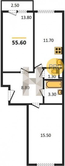 Двухкомнатная квартира 55.6 м²