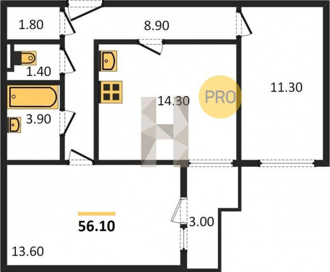 Двухкомнатная квартира 56.1 м²