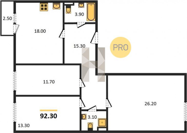 Трёхкомнатная квартира 92.3 м²