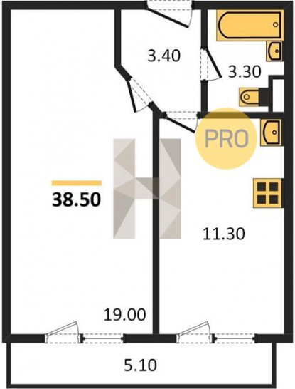 Однокомнатная квартира 38.5 м²