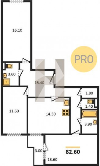 Трёхкомнатная квартира 82.6 м²