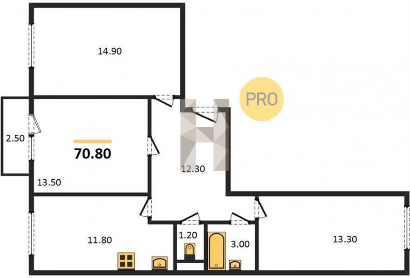 Трёхкомнатная квартира 70.8 м²