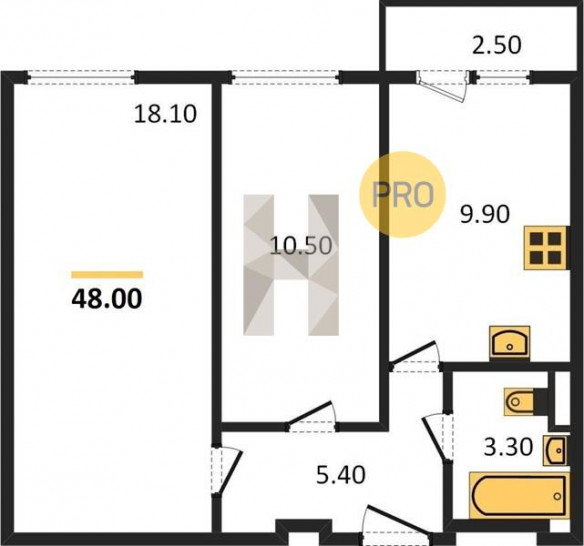 Двухкомнатная квартира 48 м²