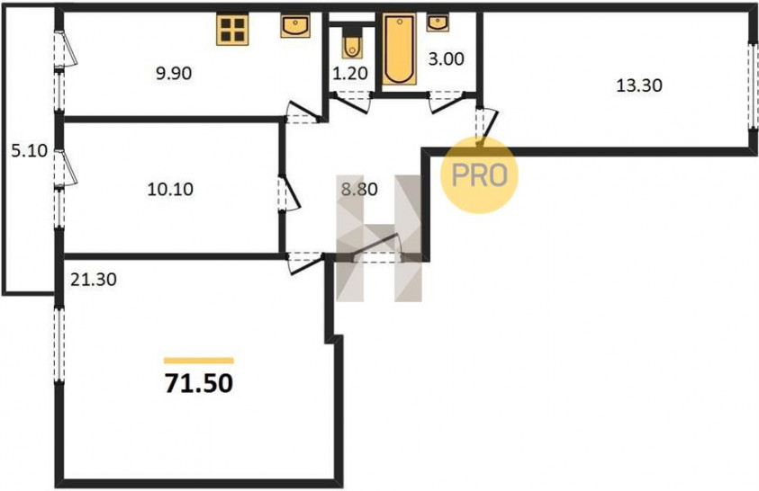 Трёхкомнатная квартира 71.5 м²