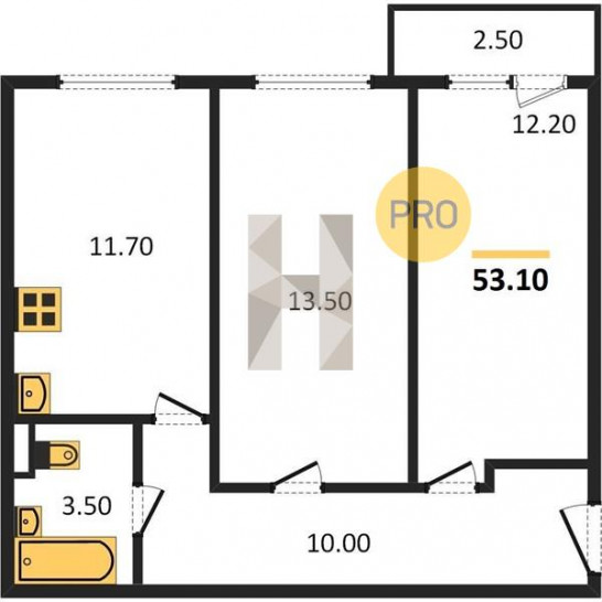 Двухкомнатная квартира 53.1 м²