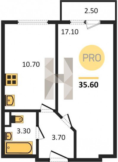 Однокомнатная квартира 35.6 м²