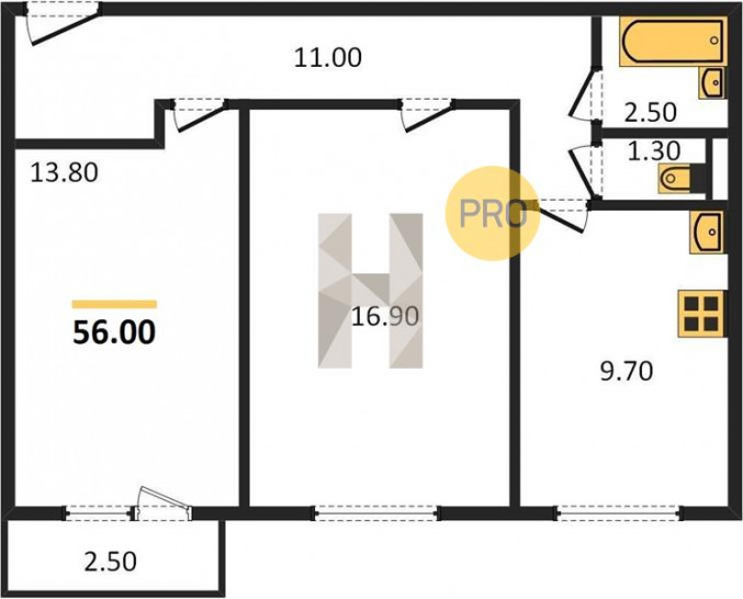 Двухкомнатная квартира 56 м²