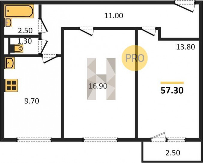 Двухкомнатная квартира 57.3 м²